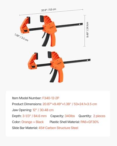 VEVOR Bar Clamps for Woodworking, 2-Pack 12 inch One-Handed Clamp/Spreader, Quick-Grip F-Clamp with 340 lbs Load Limit, Premium Plastic and Carbon Steel, for Woodworking Metal working, Orange + Black