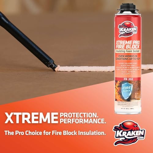 Kraken Bond Xtreme Pro Fire Block Expanding Foam Sealant (12x24oz), Professional Polyurethane Insulating Foam with Fire Block Technology, High Heat Resistant and Waterproof, Gun Not Included – 12 Pack