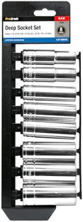 Pro-Grade 8-Piece 1/2" Drive SAE Deep Socket Set with Rail, 19402 | Heat-Treated Chrome Vanadium Steel, Nickel Chrome Plated, Professional Grade