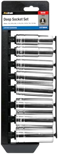 Pro-Grade 8-Piece 1/2" Drive SAE Deep Socket Set with Rail, 19402 | Heat-Treated Chrome Vanadium Steel, Nickel Chrome Plated, Professional Grade