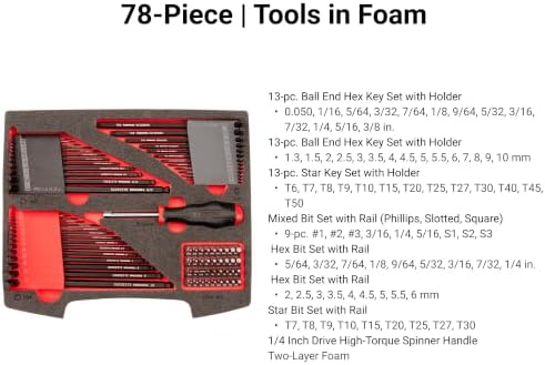 TEKTON L-Key and Bit Driver Set, 78-Piece | OLB94801 | 0.050 - 3/8 in., 1.3 - 10 mm, #1 - #3, T7 - T30, Stacking Organizer, Custom Foam