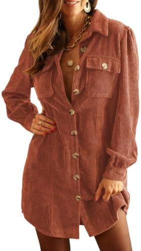 Alaster Queen Women's Corduroy Long Sleeve Button Work Tunic Short Dresses
