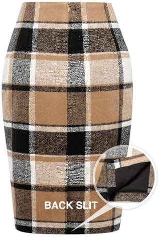 IDEALSANXUN Plaid Skirts for Women Fall Winter Knee Length Pencil Wool Skirt with Slit
