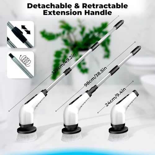 Electric Spin Scrubber with Digital Display, Cordless Cleaning Brush, 3000mAh Battery (90 Min), 8 Replaceable Brush Heads, Adjustable Extension Handle, Dual Speed Power Scrubber for Tub, Tile & Floor