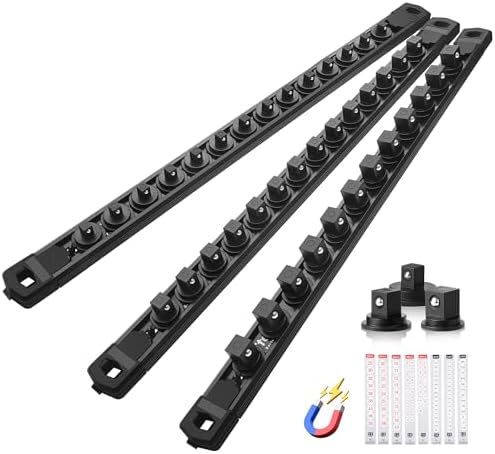 Reniteco Magnetic Socket Organizer Set, 3-Piece 1/2" 3/8" 1/4" Drive Aluminum Alloy Socket Holder with 40PC 360° Swivel Removable Clips, Magnetic Socket Rail for Tool Box Drawer, Black
