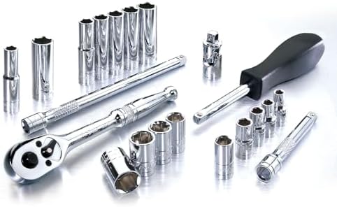 Pro-Grade 21-Piece 1/4in Drive SAE Socket Set with Storage Case, Heat-Treated Chrome Vanadium Steel, Nickel Chrome Plated, Professional Grade, 19206