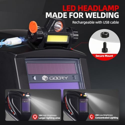 GOORY Auto Darkening Welding Helmet with Light, Large View 3.94"X3.66"