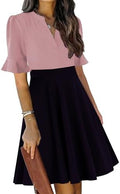 Mokayee Womens Summer V Neck Ruffle Short Sleeve Fit and Flare Knee Length Church Wedding Guest Dresses with Pockets