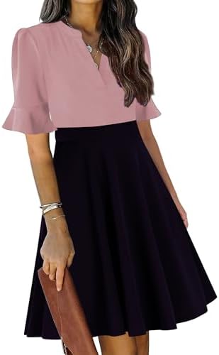 Mokayee Womens Summer V Neck Ruffle Short Sleeve Fit and Flare Knee Length Church Wedding Guest Dresses with Pockets