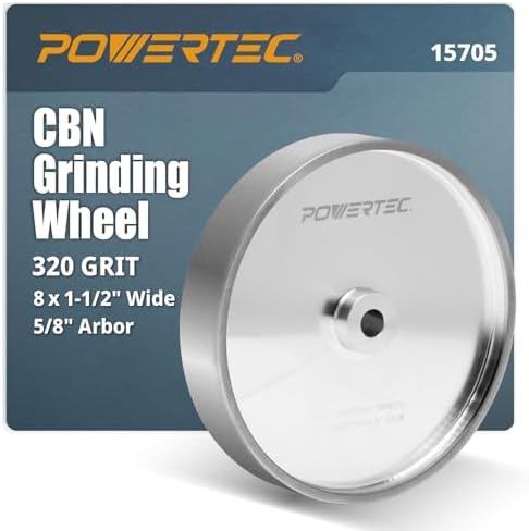 POWERTEC CBN Grinding Wheel 8 Inch 320 Grit, 1-1/2" Wide, 5/8" Arbor – Bench Grinder Sharpening Wheel for HSS Tools, Lathe Chisels, and Woodturning Tools (15705)