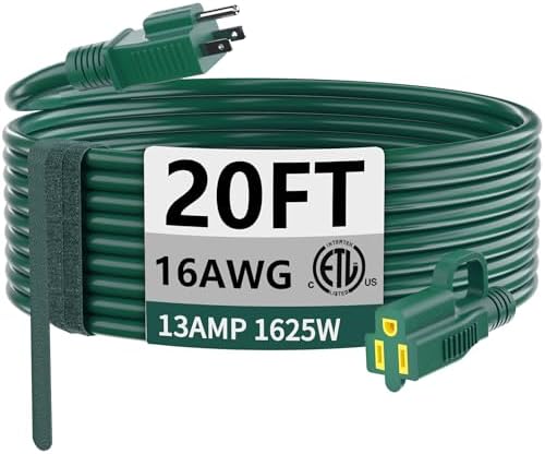 HUANCHAIN Indoor Outdoor Green Extension Cord 20 ft Waterproof, 16/3 Gauge Flexible Cold-Resistant Appliance Extension Cord Outside, 13A 1625W 16AWG SJTW, 3 Prong Electric Cord, ETL