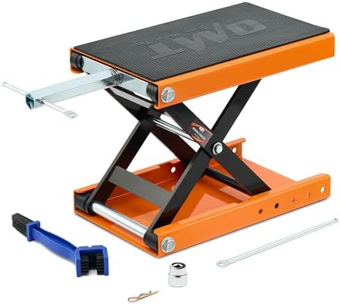 OMT Motorcycle Lift, 1100lb Crank Hoist Stand with T Handle, 3/8" Socket | Orange Scissor Lift Jack; Center Stand With Wide Deck; Chain Brush Included; Ideal For ATV, Dirt Bike, Cruiser Maintenance