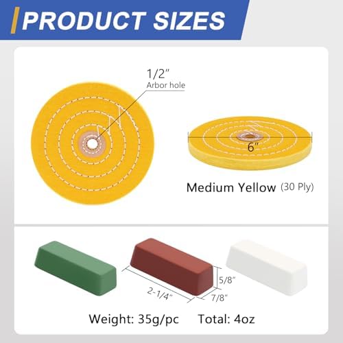 SCOTTCHEN 6inch Buffing Polishing Wheels 1/2" Arbor Hole,2 Pcs Medium (30Ply) for Bench Grinder,with Buffing Polishing Cutting Compound 4 Oz.Kit