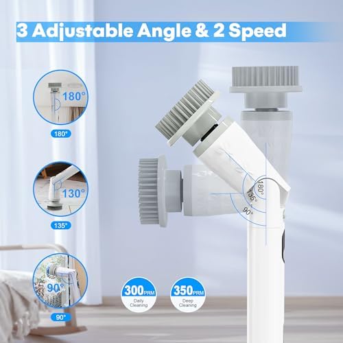 Electric Spin Scrubber, Cordless Cleaning Brush with Long Handle & 8 Brush Heads IPX7 Waterproof Bathroom Scrubber for Tub Grout Tile Floor, TBL03