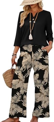 WIHOLL Two Piece Sets for Women 3/4 Length Sleeve Lounge Sets Summer Spring Vacation Travel Outfits Fashion Clothing