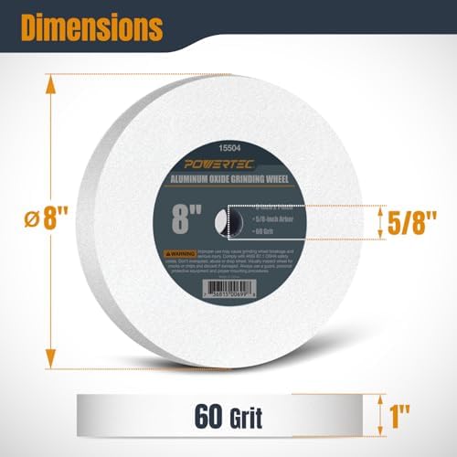 POWERTEC Bench Grinder Wheel 8 Inch 60 Grit, White Aluminum Oxide Grinding Wheel for Bench Pedestal Grinder, 1" Thick 5/8" Arbor, Sharpening & Shaping Drill Bits, Blade, and Chisel 1PK (15504)