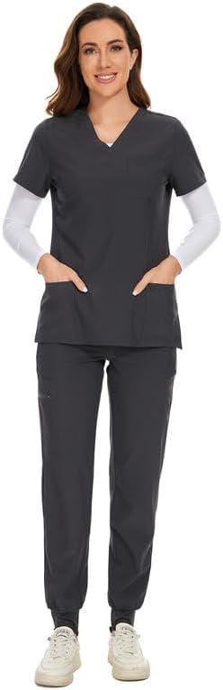 COZYFIT Scrubs for Women Set - Stretch V-Neck & Jogger Pant with 9 Pockets