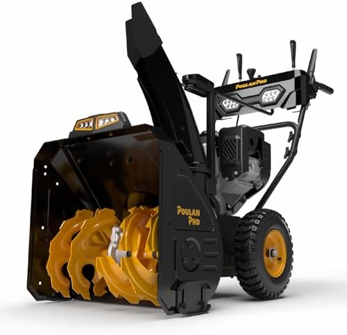 Poulan Pro PR241 24" Gas Snow Blower, 212cc, 2-Stage Electric Start Snow Thrower, Self-Propelled with 210° Remote Chute, 40ft Throwing Distance, Heated Grips, LED Lights, Steel Auger and 14" Tires