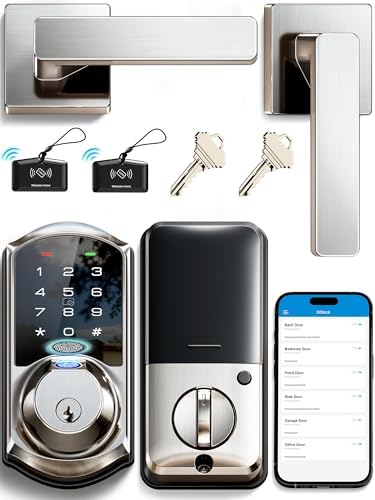 Veise VE07-L Fingerprint Smart Lock with 2 Lever Handles Set, Satin Nickel | 8-in-1 Keyless Entry for Front Door, App & Fob Control, Remote Access Sharing, Electronic Touchscreen Deadbolt, Auto Lock