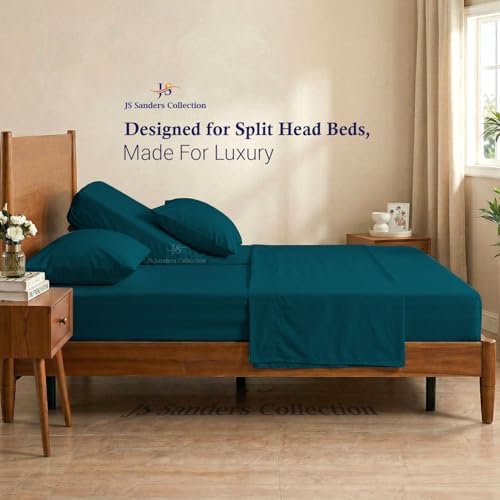 Split Head Flex Cal King Sheet Set - 100% Cotton Bed Sheets for Adjustable Beds - Flex Top Cal King Sheets for Sleep Number Beds 18" Deep, 34" Top 4 Piece Set (Half Split Fitted) Teal