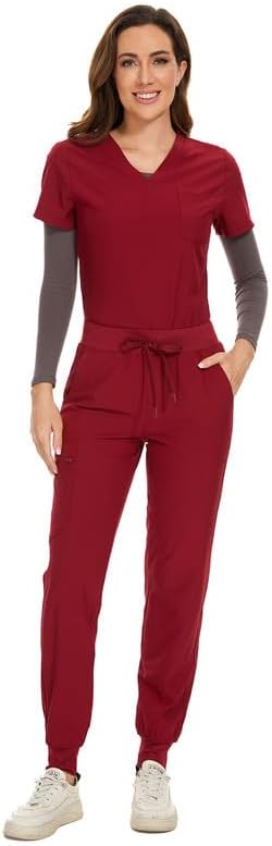 COZYFIT Scrubs for Women Set - Stretch V-Neck & Jogger Pant with 9 Pockets