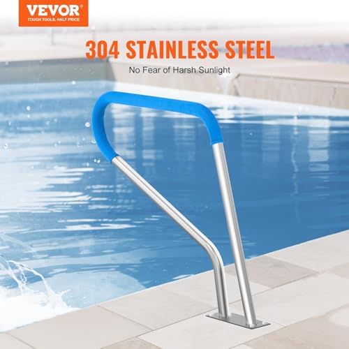 VEVOR Pool Handrail, 39 x 32 inch Pool Railing, Stainless Steel with Base Plate for Indoor/Outdoor Pools,Swimming Pool Safety Railing for Decks,Rust-Proof Grab Bar w/Grip Cover&Accessories for Spas