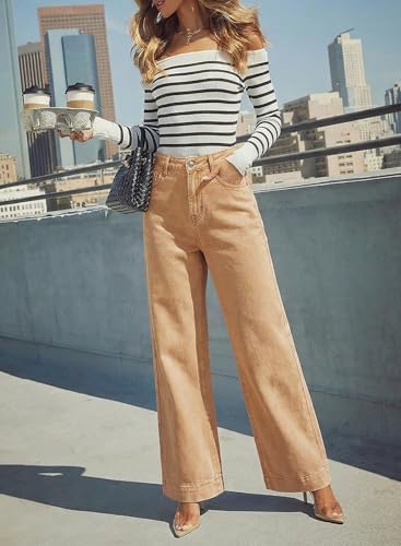 Dokotoo Women's Casual High Waisted Jeans Stretch Wide Leg Loose Denim Pant