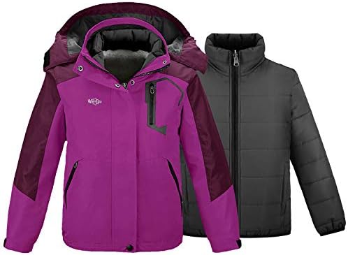 wantdo Girls' 3-in-1 Ski Jacket Windproof Winter Coat Hooded Raincoat