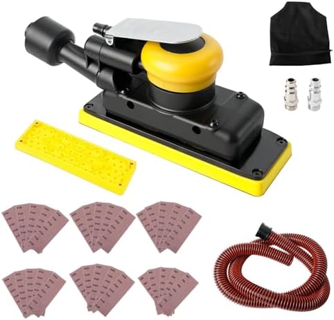 Pneumatic Random Orbital Sander, 70mm x 198mm 1/8" Orbit, 10,000 OPM with Dust Bag & Vacuum, Includes Extra Pad & 30pcs Mesh Sandpapers for Woodworking, Auto Body, Metal Finishing