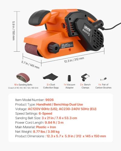 VEVOR 7A Belt Sander 3" x 21" Woodworking Belt Sander 6 Speeds 630-1200 FPM, 2-in-1 Handheld & Benchtop Sanding Machine with 2 Dust Bags, 10PCS Sanding Belts & 2 Clamps for Woodworking Projects