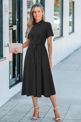 Newshows Women's Work Business Casual Outfits Tie Waist Midi Shirt Dress