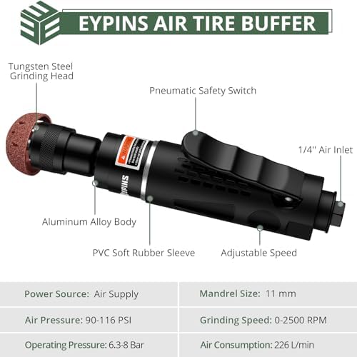 EYPINS Air Tire Buffer Full Kit - 2500RPM Air Tire Grinder with 40mm 55mm Tungsten Steel Buffing Wheel Head, Tire Inner Linner Scrapper, Patch Roller, Quiet Pneumatic Tire Repair Tools for Garage