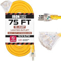 IRON FORGE CABLE 75 Foot Lighted Outdoor Extension Cord with 3 Electrical Power Outlets - 12/3 SJTW Heavy Duty Yellow Extension Cable with 3 Prong Grounded Plug for Safety, 15 AMP