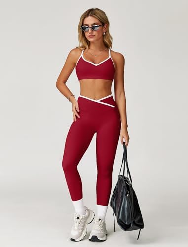 ABOCIW Workout Sets for Women 2 Piece Color Block Strappy Sports Bra High Waist Shorts Gym Yoga Pilates Outfits