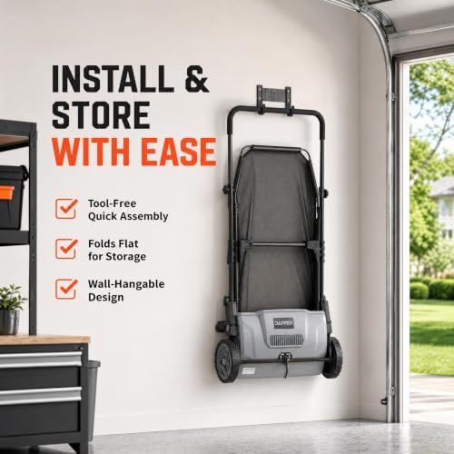 Dapper Supply 21" Push Lawn Sweeper (Also 22" & 26"), Leaf & Grass Collector, 3.5 Cu Ft Non-Woven Bag, Tool-Free Height Adjust, Folds for Wall Storage