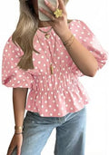 Cicy Bell Women Polka Dot Peplum Blouse Round Neck Puff Sleeve Summer Top
