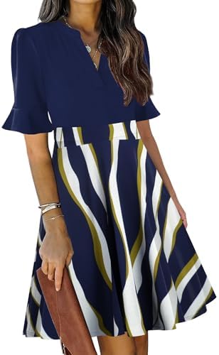 Mokayee Womens Summer V Neck Ruffle Short Sleeve Fit and Flare Knee Length Church Wedding Guest Dresses with Pockets
