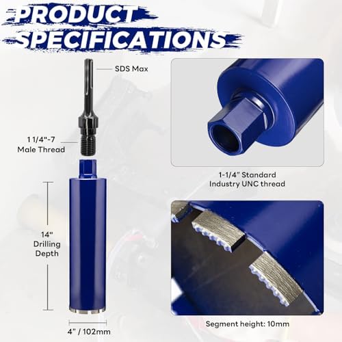 4" Concrete Core Drill Bit with SDS Max Adapter (1-1/4"-7 Thread) - 14" Cutting Depth & Upgraded Welded Teeth Core Bits for Concrete with Rebar, Brick, Masonry,Stucco,Mortar,Wet Coring
