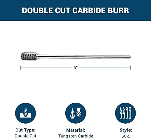 Benchmark Abrasives 6” Cylindrical Ball Nose Shape Double Cut Tungsten Carbide Die Grinder Bits Metal Deburring Tool Rotary Burr, 1/4 Inch Shaft, Engraving Tool for Woodworking Shaping Carving (SC-5)