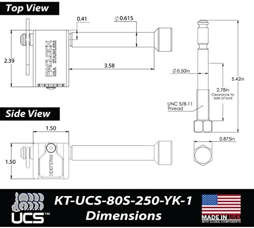 PACLOCK's KT-UCS-80S-250-YK-1 Hitch Lock Combo, Stainless Steel, High Performance 6-Pin Cylinder, 1 Lock Keyed to a Number U-Pick! w/ 2 Keys, with 1/2" Threaded Pin & 5/8" Pin