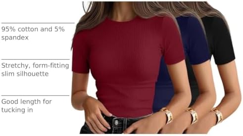 Ficerd 3 Pack Women's Ribbed Short Sleeve T-Shirts