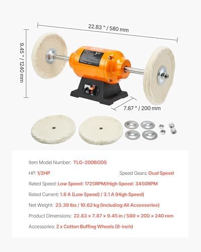 VEVOR 1/2HP Bench Buffer Polisher, 8-inch Bench Polishing Buffing Machine, 1725RPM/3450RPM Dual Speed Benchtop Polisher with 2PCS Cotton Wheels & Cast Iron Base for Metal, Jewelry, Wood Polishing