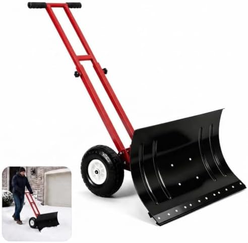GarveeLife Wheeled Snow Shovel - 29in Steel Blade with 10in Wheels Red