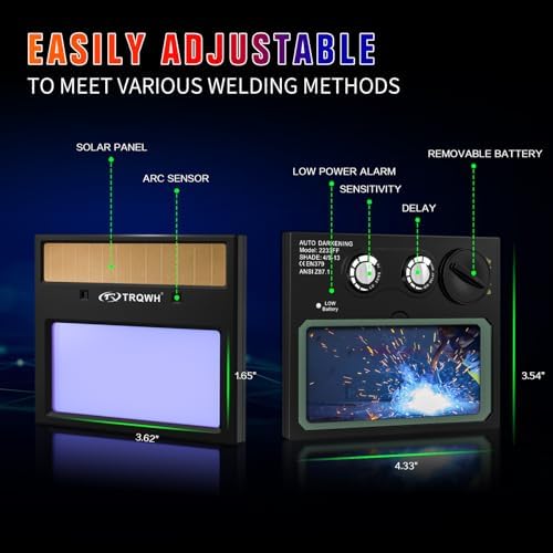 TRQWH Welding Helmet with Light True Color Auto Darkening Welding Helmets for Men Solar Powered Welding Hood with 2 Arc Sensor Wide Shade 4/9-13 for TIG MIG ARC Cool Welder Mask