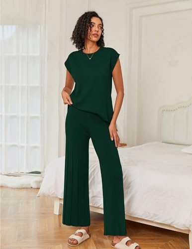 Ekouaer Lounge Sets for Women Two Piece Outfits Knit Cap Sleeve Tops Wide Leg Pleated Pants Casual Dressy Sweater Sets