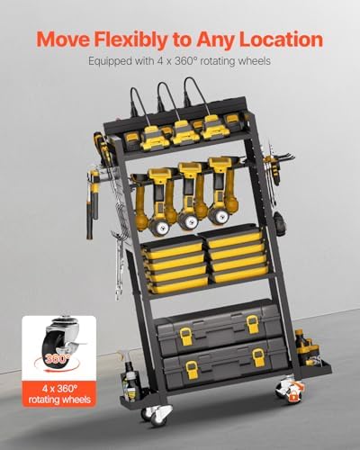 VEVOR 4-Tier Tool Organizer Cart with Charging Station, 8 AC Outlet, Floor Stand Rolling Drill Holder and Tool Battery Storage Rack on Wheels, Garage Floor Rolling Storage Cart for Workshop, Garage