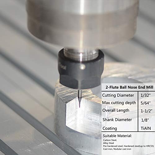SpeTool 5Pcs Carbide Ball Nose End Mills with TiAlN Coated , 1/32 inch Cutting Diameter , 1/8 inch Shank , Up Cut Spiral Router Bits CNC End Mill Set for Metal Steels Engraving