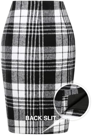 IDEALSANXUN Plaid Skirts for Women Fall Winter Knee Length Pencil Wool Skirt with Slit
