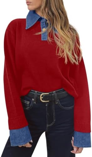 Saodimallsu Womens Denim Patchwork Sweaters V Neck Polo Pullover Tops