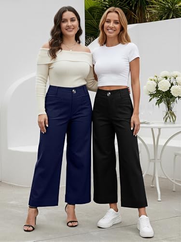 MOHHOM Women’s High Waisted Wide Leg Cropped Pants Stretchy Business Casual Work Pants with Pockets